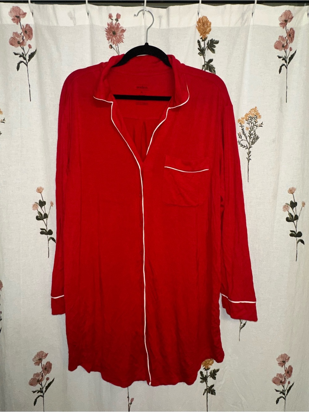 Red Women's Long Pajama Shirt with Contrast Piping
